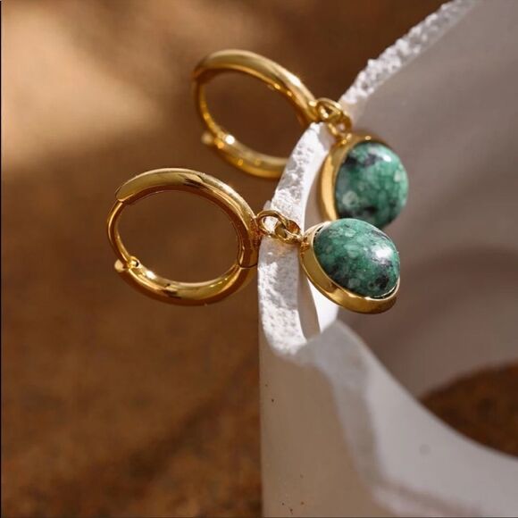 #43 NEW Natural Turquoise Dangle 18k Gold Hoop Earrings - Picture 3 of 9